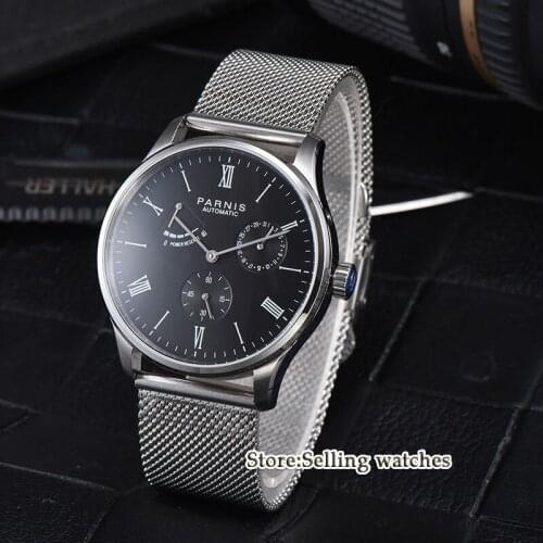 42mm Parnis Black Dial ST1780 Power Reverse Date Small Second Automatic Mens Watch