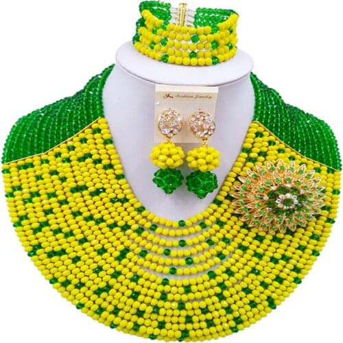 ACZUV Green and Yellow Beaded Jewelry Sets Nigerian Wedding African Beads Necklace 15C-015