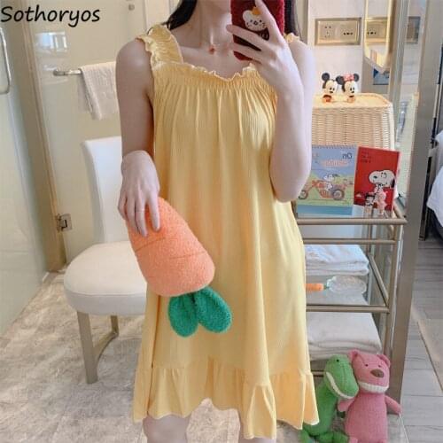 Women Sleeveless Sleepshirts Solid Ruffles Sweet Girls Simple Cozy Loose Nightgowns Students Trendy Females Lounge High Quality