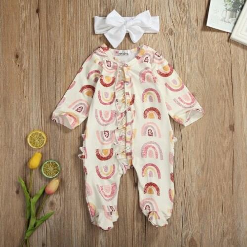 Pudcoco Autumn Newborn Baby Boy Girl Clothes Rainbow Print Long Sleeve Romper Jumpsuit Headband 2Pcs Outfits Cotton Clothes