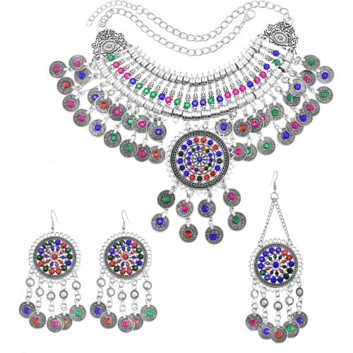 Women Gypsy Colorful Crystal Necklace earrings Hairclip Antique Coin Necklace Vintage Turkish Indian Ethnic Necklace Jewelry Set