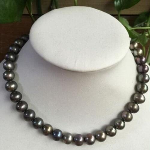 Stunning AAA 11-12mm freshwater black green pearl necklace 18inch 925silver
