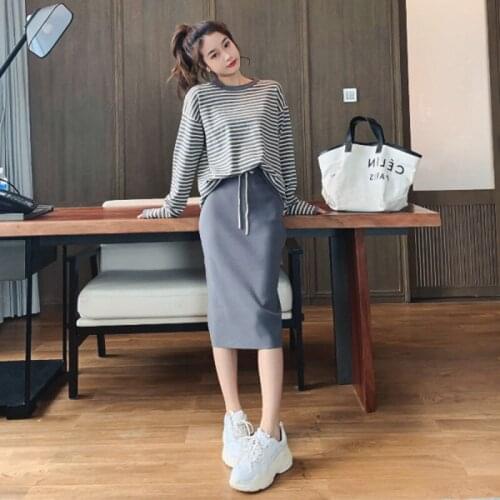 Casual Suit Womens New Girls Clothes Korean Striped Top + Skirt Fashion Temperament Two Piece Set