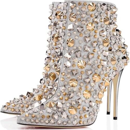 Real photos woman pointed toe rhinestones high heel ankle boots black silver gold spike rhinestones high heel short booto woman