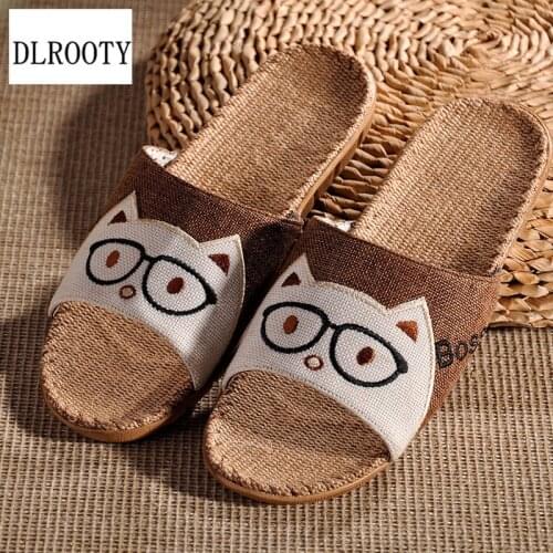 Men Slippers Sandals Flip Flops New Summer Hemp Fashion Indoor Home Cartoon Non-Slip Shoes Man Slides Casual Female