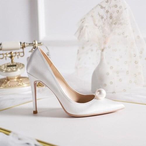 Spring New Women Wedding High Heels White Bride Shoes Silk Pearl Pumps Point Toe Thin Heels Red Sexy Party Dress Shoes