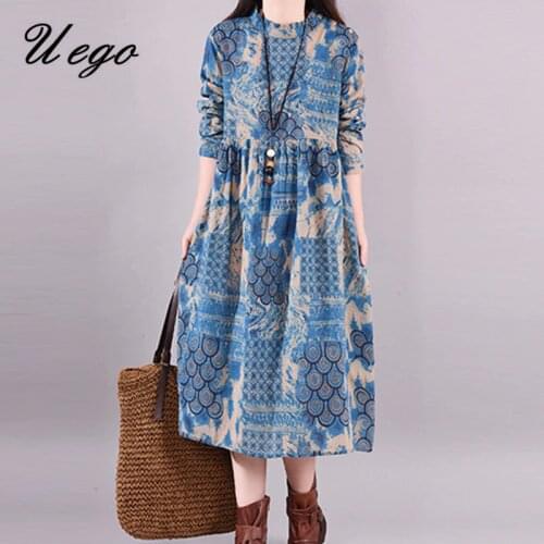 Uego 2021 New Arrival Vintage Spring Dress Linen Cotton Print Floral Office Lady Work Dress Plus Size Women Casual Midi Dress