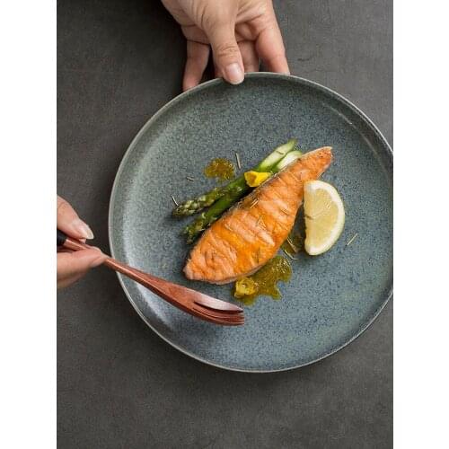 Japanese-style ceramic tableware home large flat plate, western food plate, high-foot pasta plate retro sub-dish plate,Tableware