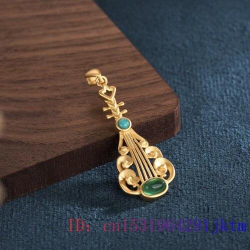 Green Jade Lute Pendant Jewelry Chalcedony Gifts Zircon 925 Silver Women Amulet Gemstone Chinese Fashion Necklace Natural