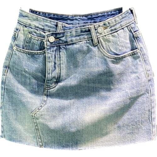 Denim skirt WOMEN summer 2021 new casual beveled breasted anti-glare short package hip a-line skirt