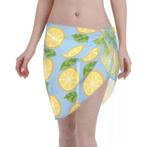 Womens Swim Wear Bikini Cover Up Yellow Lemons Green Leaves Beach Mini Wrap Skirt Sarong Pareo Shorts Summer Beachwear