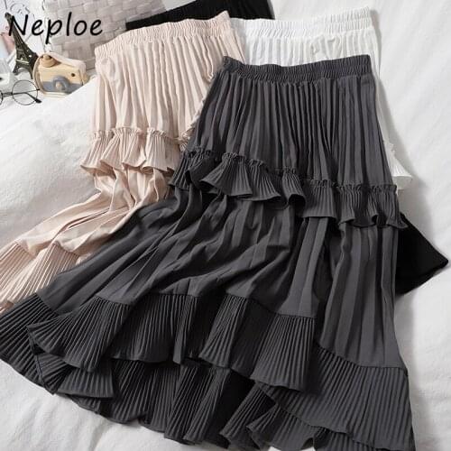 New Autumn Pleated Skirt High Waist Irregular Hem Flouncing Women Long Skirts Women Fashion Faldas Jupe Femme