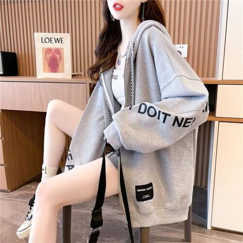 Womens 2021 Spring Autumn Zip-up Harajuku Oversized Hoodies for Women Casual Sweatshirt Medium Long Letter Printed Large Coat