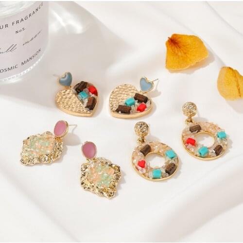 TIMEONLY Multiple Rainbow Natural Stone Geometric Earrings for Women Gold Color Alloy Round Heart Square Dangle Earrings Jewelry