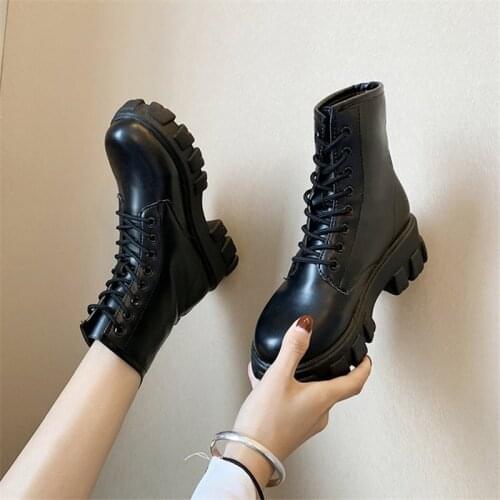 Women Motorcycle Ankle Boots Wedges Female Lace Up Platforms Spring Black Leather Oxford Shoes Woman 2021