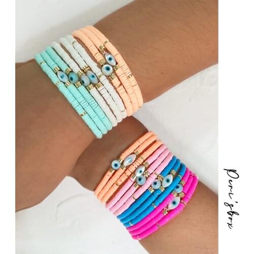 Perisbox Cute Colorful Natural Shell Eye Bead Bracelet For Women Bright Color Soft Pottery Disc Beaded Bracelets