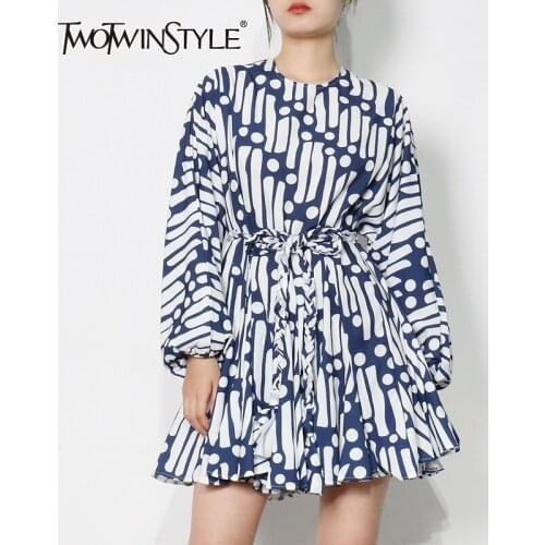 TWOTWINSTYLE Print Lace Up Spring Dress For Women O Neck Long Sleeve High Waist Mini Print Dresses Female Fashion New Clothing