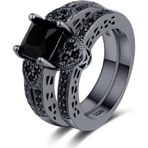 Luxury Rings 925 Silver Jewelry with Zircon Gemstone Black Color 2 in 1 Finger Ring Set Ornament for Women Wedding Promise Party