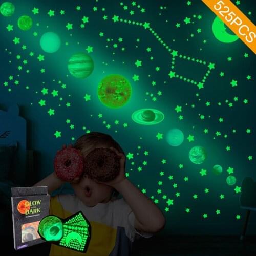 525PCS Box-packed Luminous Nine Planets Wall Sticker Bedroom Living room Fluorescence Star Moon Decorative Stickers