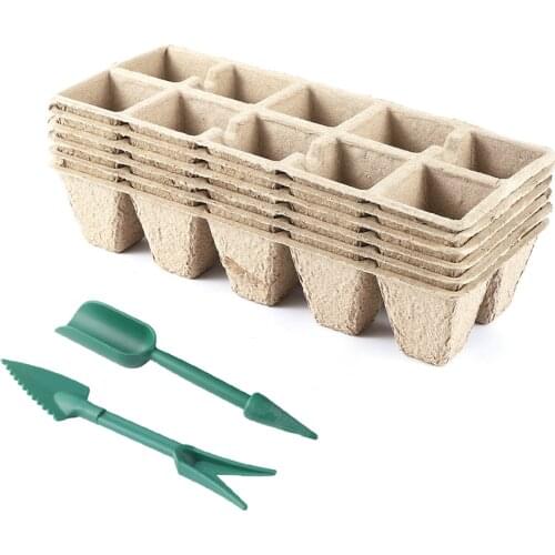 Biodegradable Paper Pulp 10 Cell Seedling Germination Cup with Gardening Shovel Fork Garden Fruit Vegetables Flower Nursery Tray