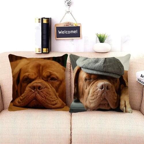 XUNYU Cute Bordeaux Puppy Pattern Cushion Cover Linen Printing Pillow Cover for Sofa Living Room Decor Throw Pillowcase 45x45cm