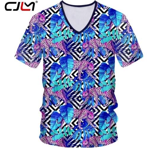 CJLM 2020 New Fashion Stripes Mens Tee Shirt 3D Big Size Custom Printed Blue leaf leopard V Neck Tshirt Man Casual T-shirt 5XL