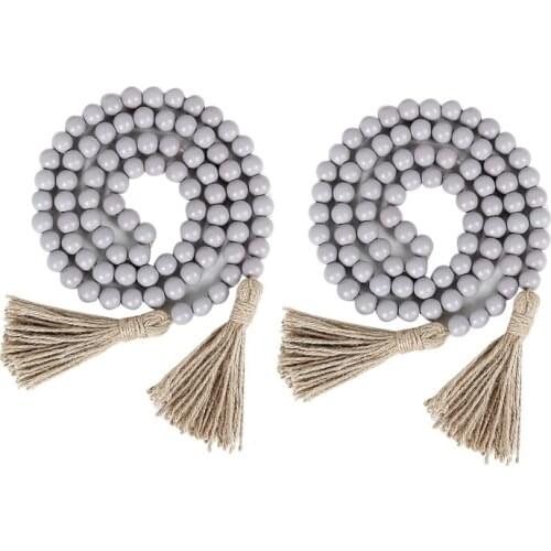 2Pcs 58in Wood Bead Garland with Tassels,Farmhouse Rustic Country Decor Prayer Boho Beads Wall Hanging Decoration,Gray