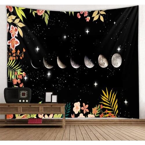 Moon Phases Starry Sky Tapestry Lunar Eclipse Moon Phases Flowers Starry Sky Polyester Printed Wall Decoration Wall Cloth