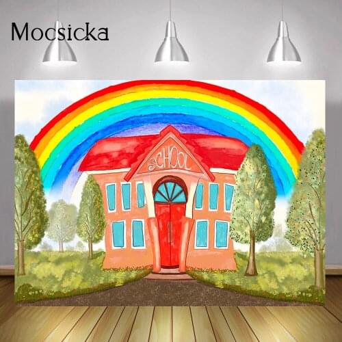 Back to School Backdrop Photo Shoot Rainbow Trees Oil Painting Newborn Baby Portrait Backdrop Graduation Party Banner Decoration