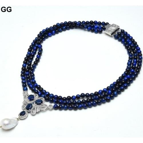 GG Jewelry 3 Strands Blue Smooth Round Tiger Eye Choker Necklace CZ Pave White Baroque Pearl Pendant Necklace 17" For Women