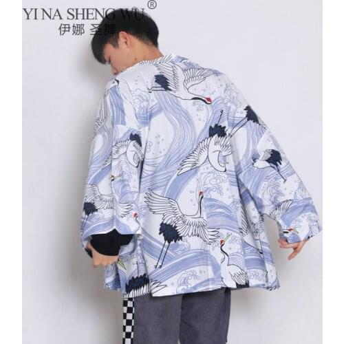 Japanese Kimono Traditional Japanese Style Clothes Fashion Yukata Robe Kimonos Crane Print Cardigan Cosplay Shirt Blouse For Men