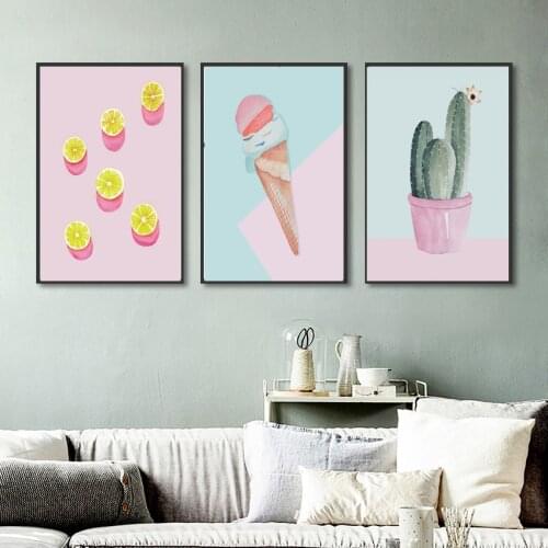 Cute Cactus Posters Ice Cream Girls Room Canvas Painting Nursery Nordic Style Kids Decoration Wall Pictures For Living Room