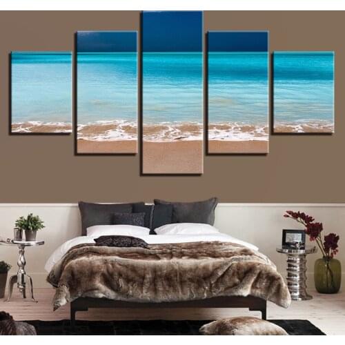 HD Printed Canvas Modular Pictures Wall Art 5 Piece Blue Wave Beach Calm Sea View Painting For Living Room Decor Posters(No Fram