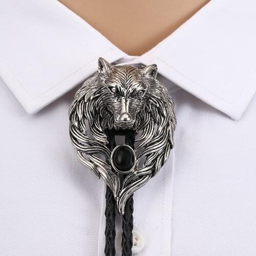 Wolf head bolo tie leather collar cord mens fashion