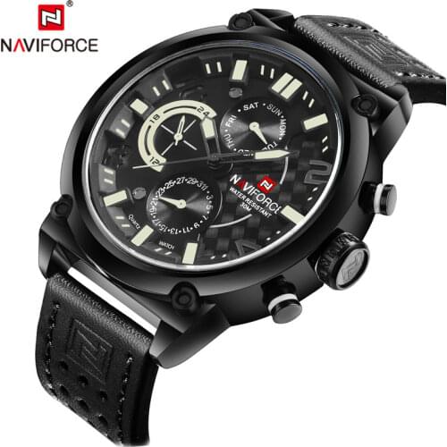 NAVIFORCE Men Watch Date Week Sport Mens Watches Top Brand Luxury Military Business Genuine Leather Quartz Male Clock Gift 9068