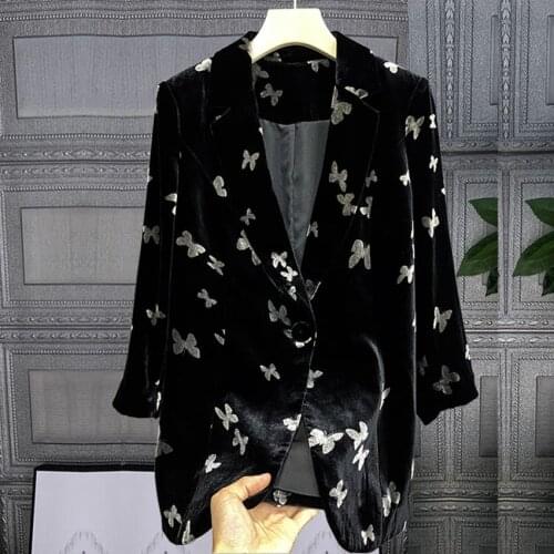 New arrival autumn vintage butterfly printed velvet blazer women loose notched small suit