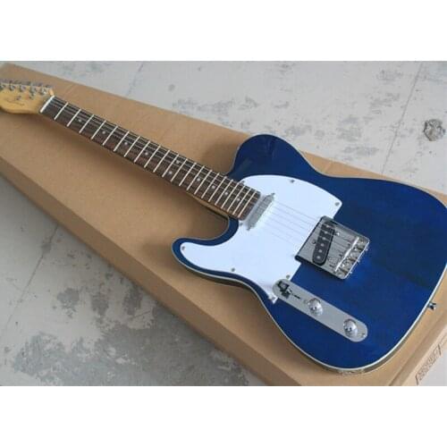 Factory Wholesale Left-hand Transparent Blue String-thru-body Electric Guitar with Rosewood Fretboard,Offer Customized
