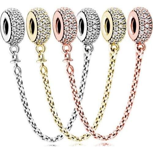 Original Rose Gold Pave Inspiration With Crystal Safety Chain Beads Fit 925 Sterling Silver Charm Europe Bracelet DIY Jewelry