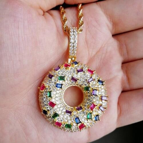 Multicolor AAA Cubic Zirconia Paved Bling Iced Out Gold Donuts Pendants Necklace for Women Men Hip Hop Rapper Jewelry