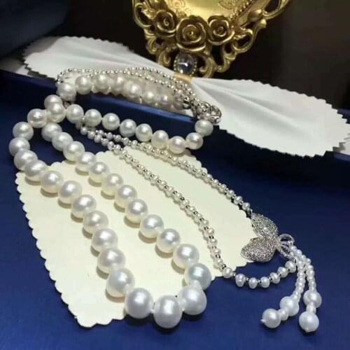 Hand knotted 2strands white freshwater pearl necklace sweater chain long 43-48cm fashion jewelry