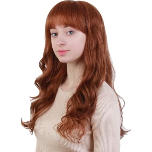 Light Brown Human Hair Wigs Long Curly Body Wavy Layered Wig with Bangs For Women,Natural Looking Wigs