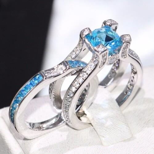 Couple Rings For Women Luxury Jewelry Drop Shipping 925 Sterling Silver Filled Round Cut Sky Blue CZ Popular Wedding Rings Set