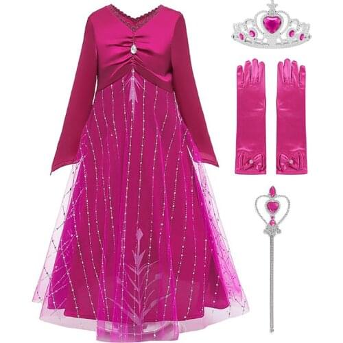 VOGUEON Girl New Elsa Dress Up Long Sleeve Ruched V Neck Fuchsia Evening Gown Children Halloween Pageant Party Princess Costume