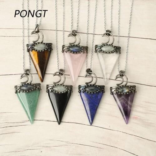 Reiki Chakra Cone Shape Natural Stone necklace Half Moon Pendant Pillar Silver Color Crown Pendant