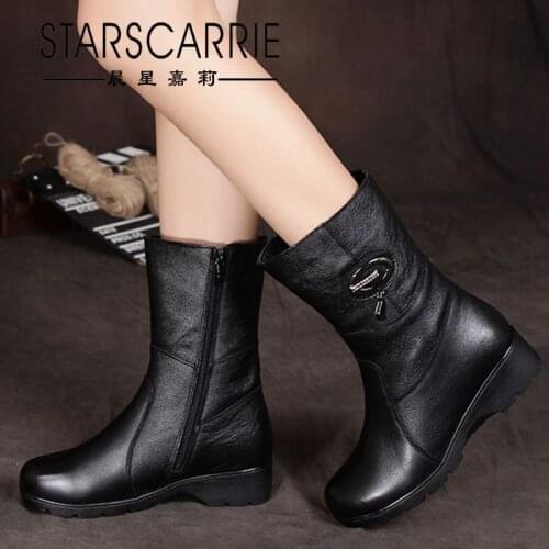 2021 fall/winter slope with middle-aged mother non-slip leather womens boots riding boots womens warm mid-tube cotton boots