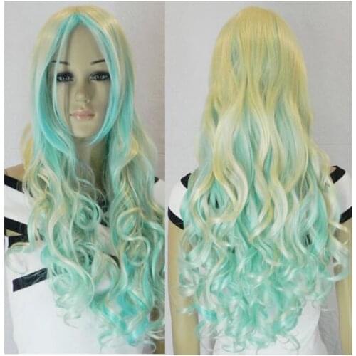 Shun668 hot sell new - New BLONDE light blue mix long curly Fashion wig USPS Fast to USA j0973 (A0501)