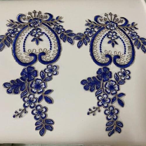 3Pcs /25.5X13cm Embroidery Lace Patch Blue Line Gold Outline Flowers for Wedding Accessories Pair Flower DIY Handmade