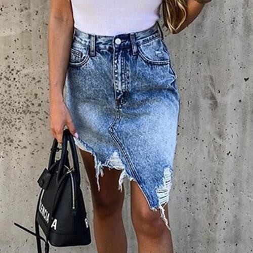 Zoki Women Denim Skirt Brand Woman Trendy Retro Washed Irregular Skirt Female High Waist Tassel Hole Skirts Fashion Summer New