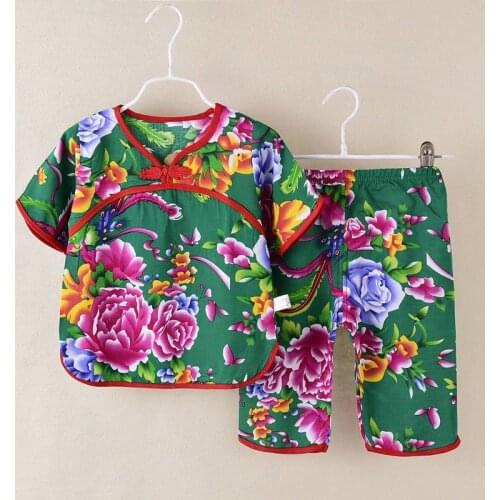 Childrens Suit Summer Boy Girl Chinese Style Short Sleeve Home Wear Suits Baby Kids Thin Floral T-shirts and Pants Clothes
