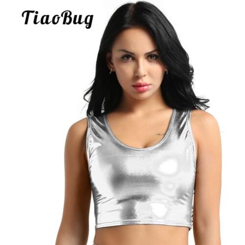 TiaoBug Women Fashion Shiny Metallic Crop Top Short Tank Tops Club Party Festival Rave Clothes Sexy Top Stage Pole Dance Costume